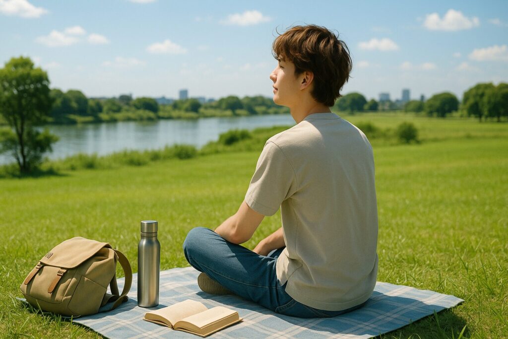 男性が芝生の上に座り、満足げな表情をしている
