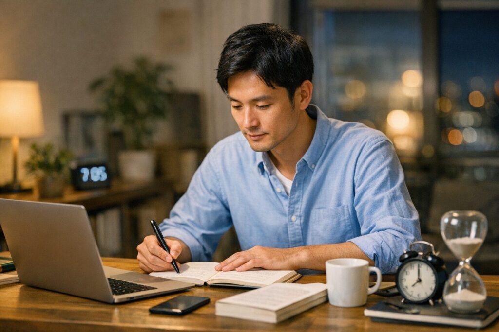 仕事終わりの社会人が、家で机に向かい勉強をしている