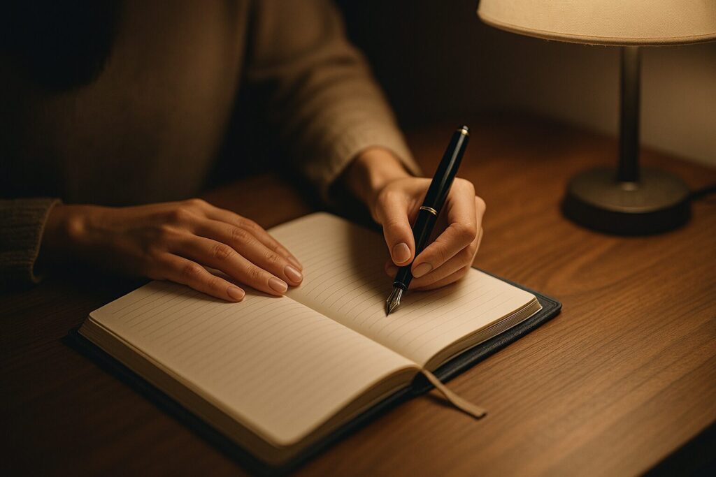 卓上ライトの下で日記を書く女性