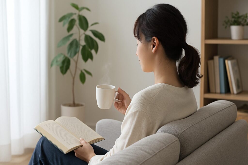 ソファで本を読みながらコーヒーをのむ若い女性