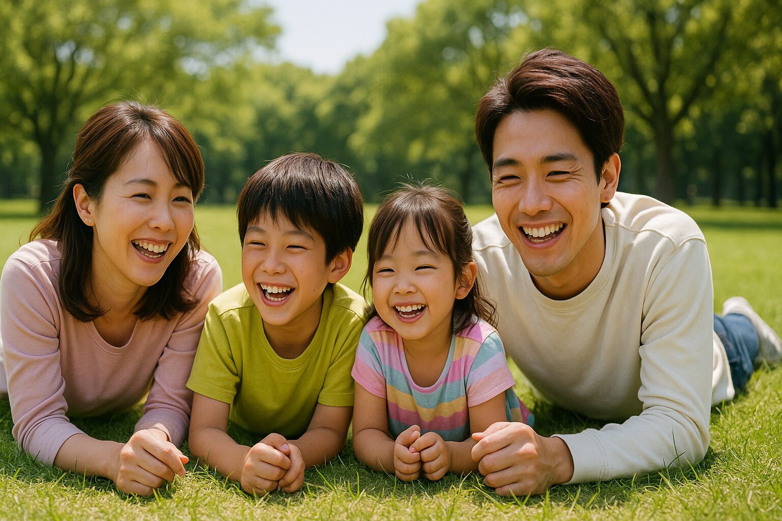 家族4人が満ち足りた表情で講演の芝生の上に寝そべっている