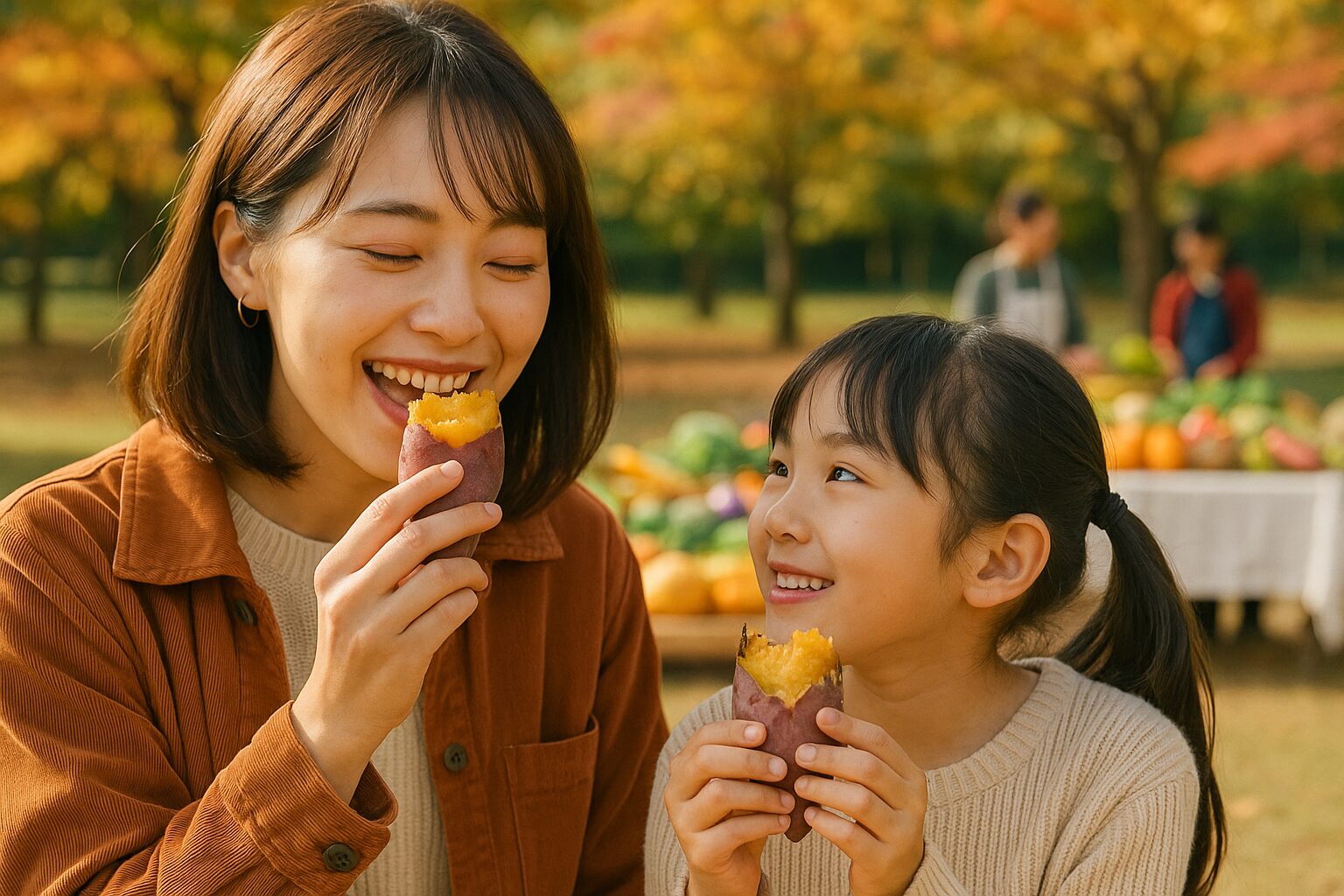 母と娘がおいしそうに焼き芋を食べている