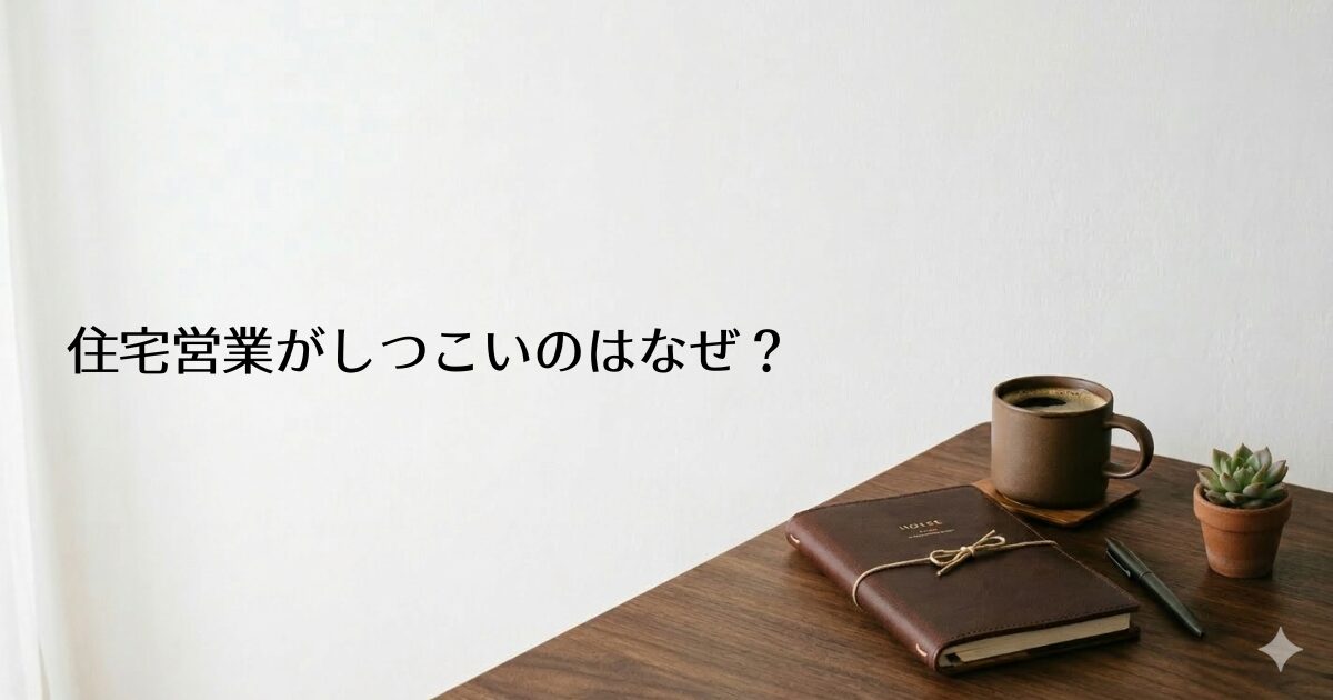 木製のデスクに革表紙の手帳・コーヒーカップ・多肉植物が置かれたシンプルな部屋。左側に『住宅営業がしつこいのはなぜ？』のテキスト入り