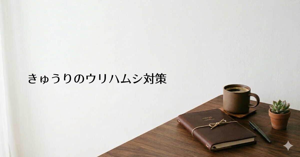 木製のデスクに革表紙の手帳・コーヒーカップ・多肉植物が置かれたシンプルな部屋。左側に『きゅうりのウリハムシ対策』のテキスト入り