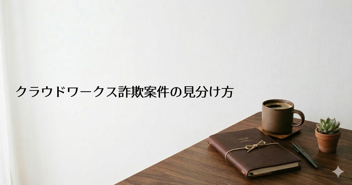 木製のデスクに革表紙の手帳・コーヒーカップ・多肉植物が置かれたシンプルな部屋。左側に『クラウドワークス詐欺案件の見分け方』のテキスト入り