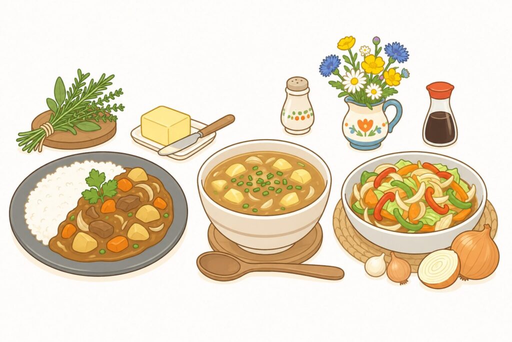 煮物や炒め物に使われた玉ねぎ料理の写真