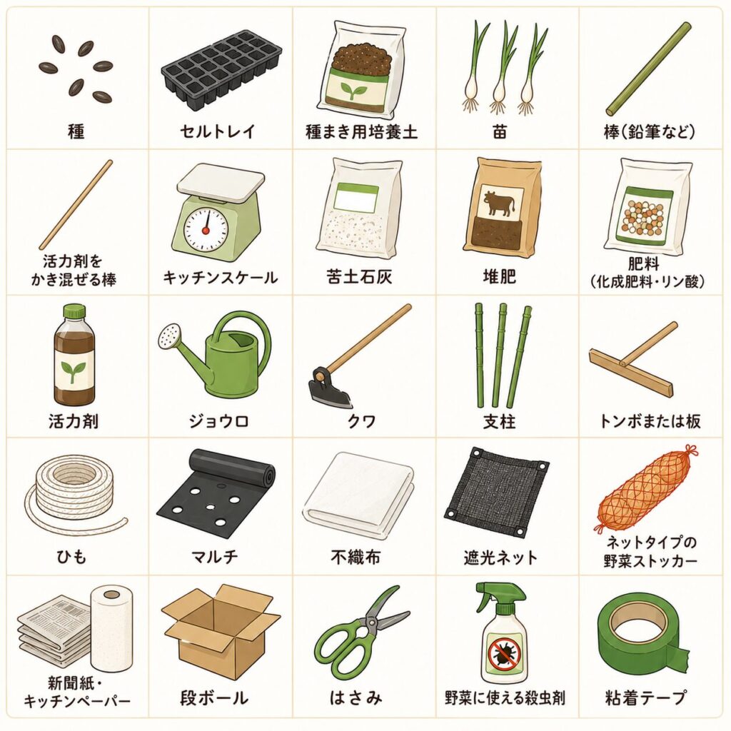 ネオアース栽培に必要な道具と資材の一覧写真