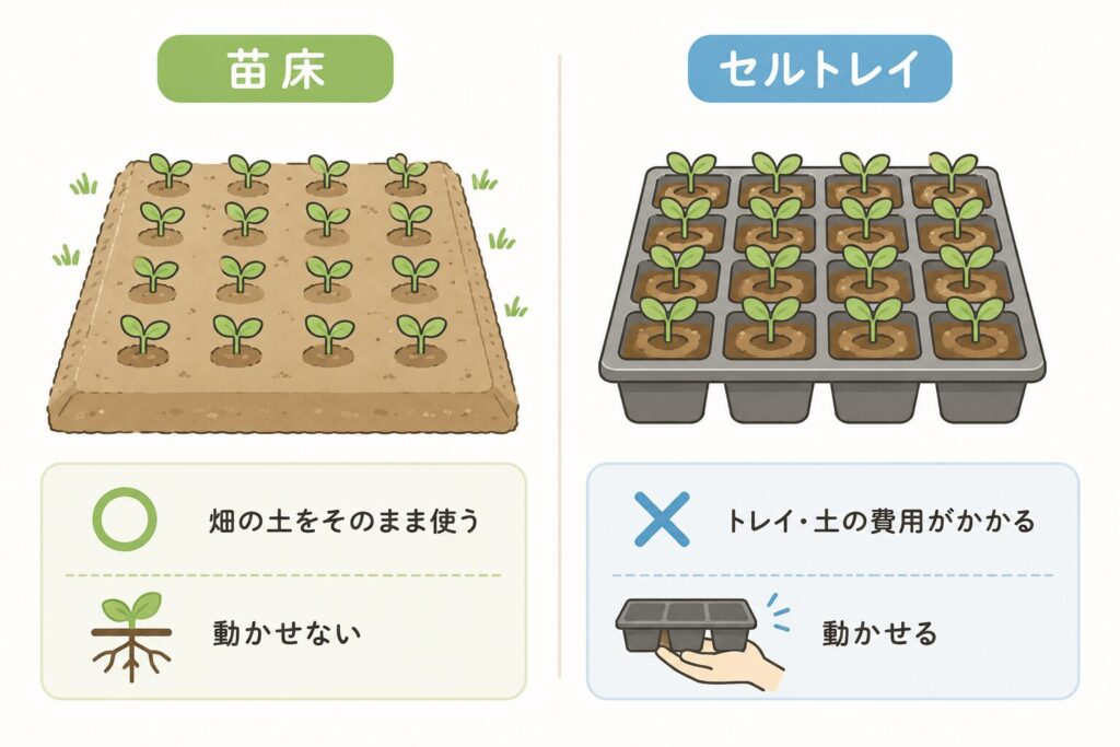 苗床とセルトレイ、2つの育苗方法の比較写真