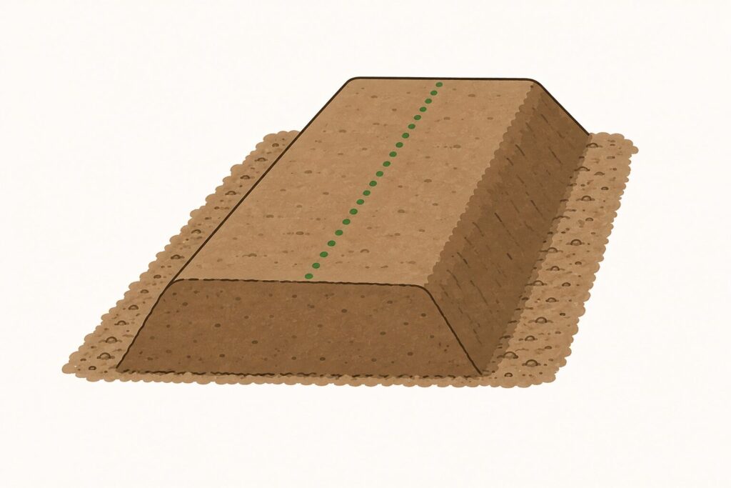 畝立ての断面図、畝の高さと通路の位置関係を示すイラスト