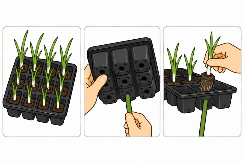 セルトレイの底穴から苗を棒で押し出す様子のイラスト