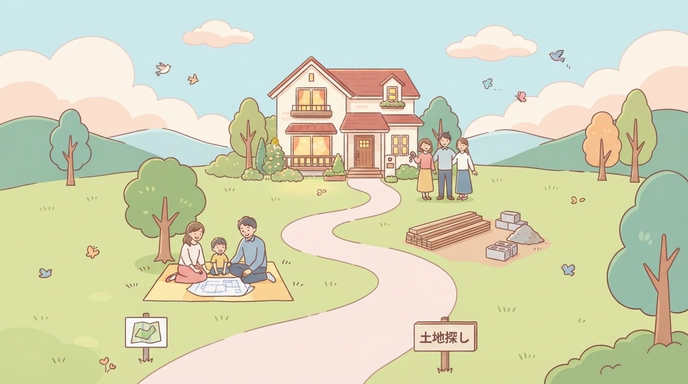 完成した住宅と、そこに向かう土地探しからの道のりをイメージしたイラスト