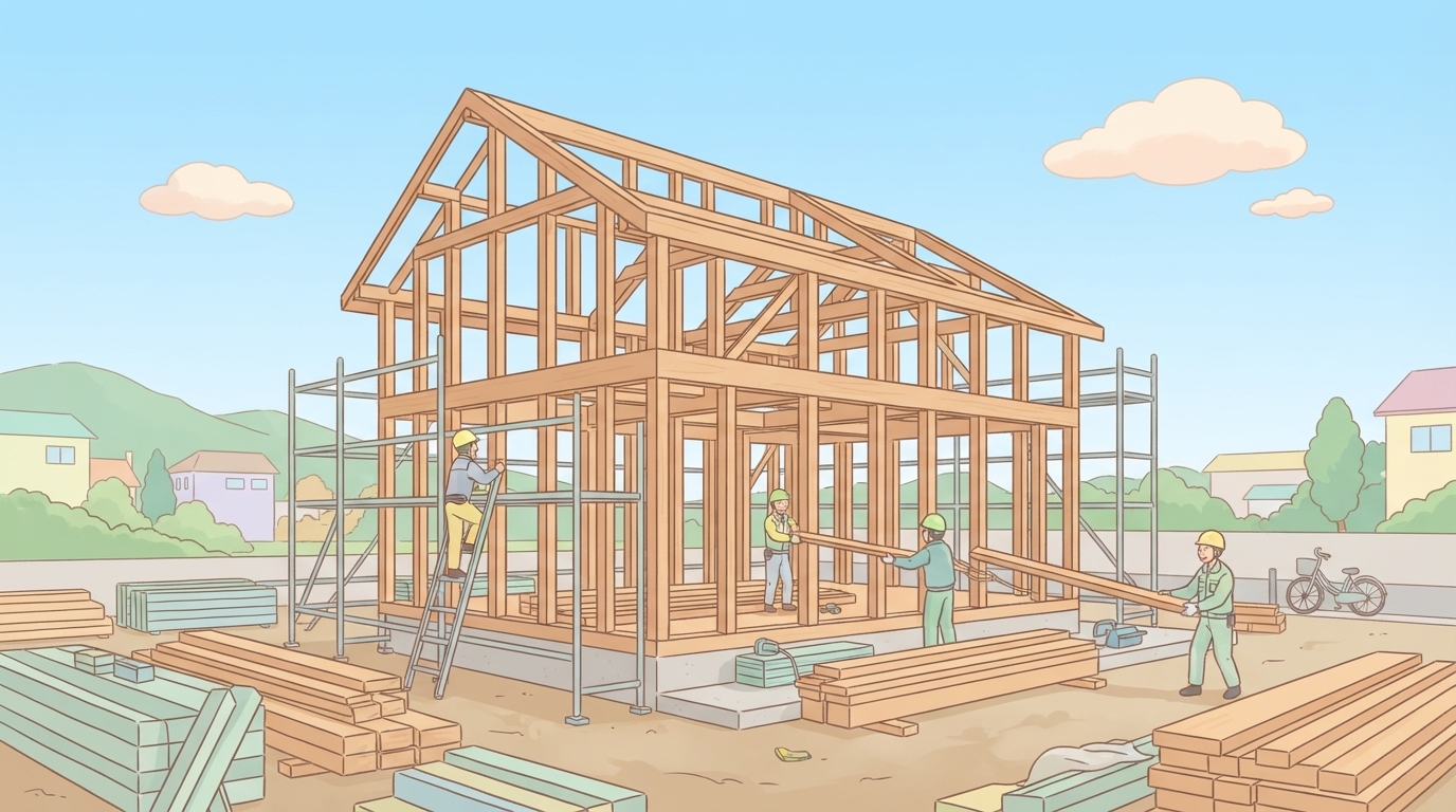 骨組みが組み上がった建方現場の様子