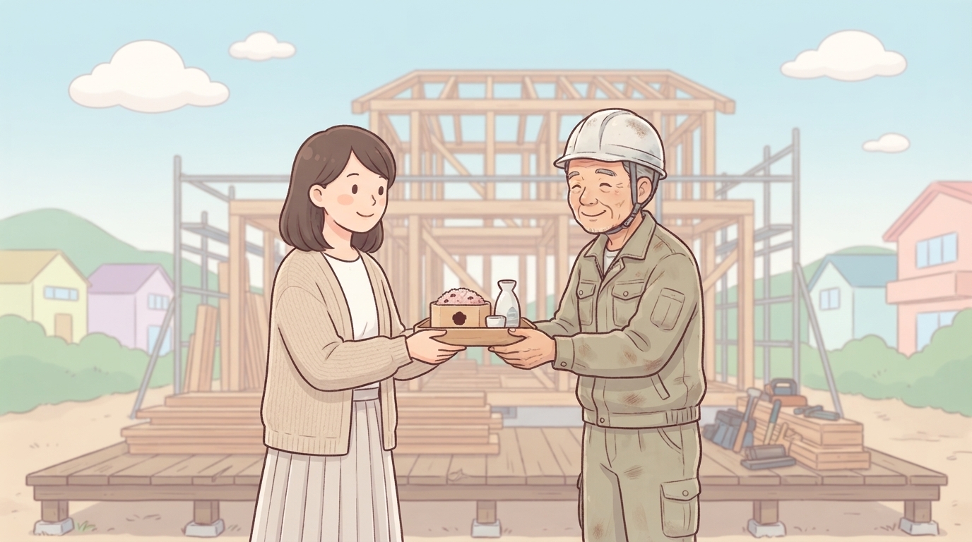 赤飯とお神酒を大工さんに手渡す施主