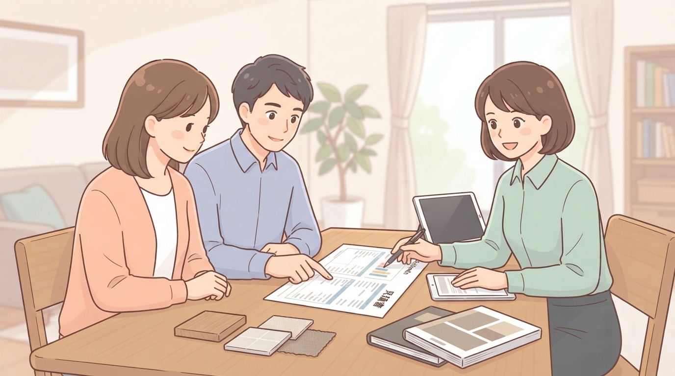 打ち合わせで見積書やサンプルを確認する施主夫婦と営業担当