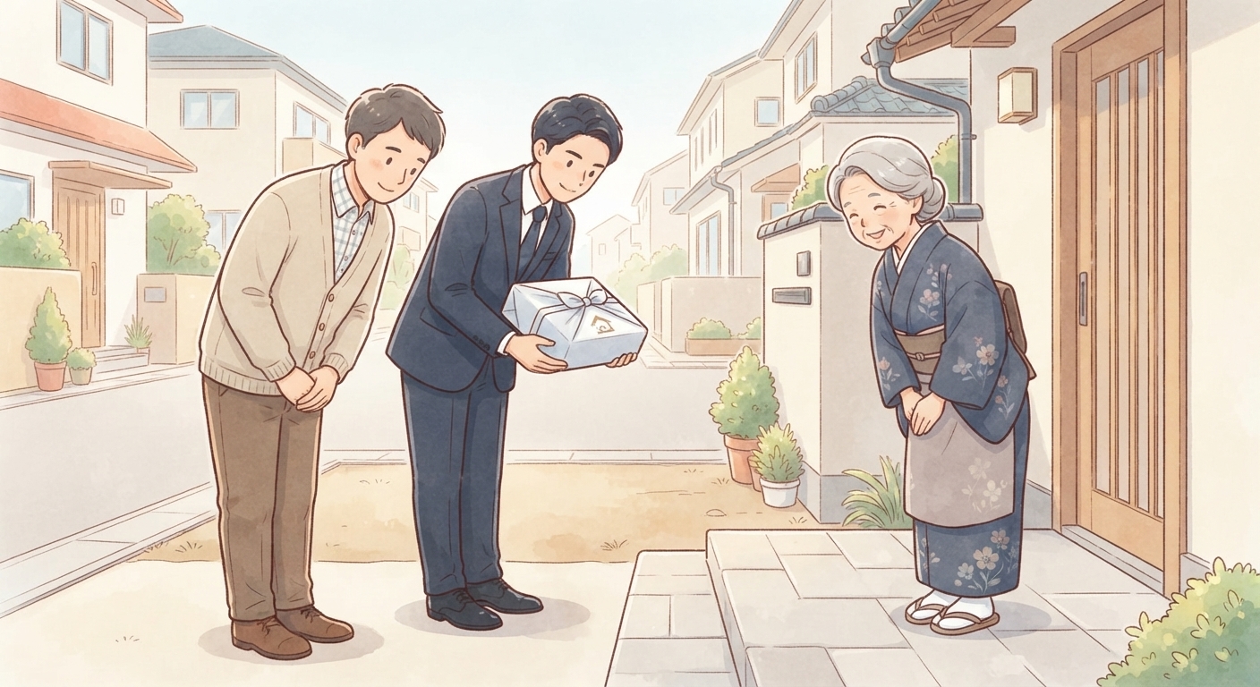 施主と担当者が近隣へあいさつをしている様子
