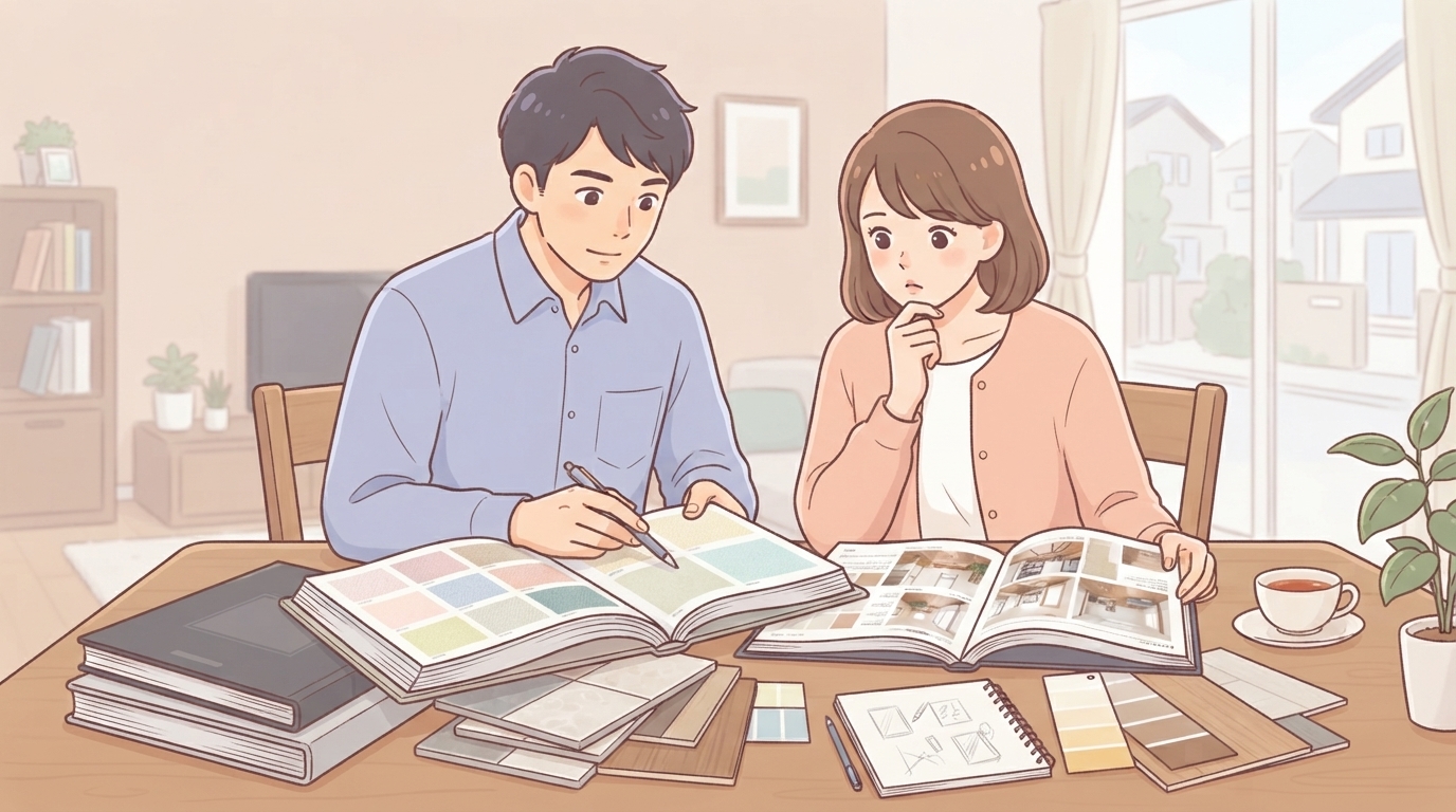 クロスのサンプル帳やカタログを前に仕様を選ぶ夫婦