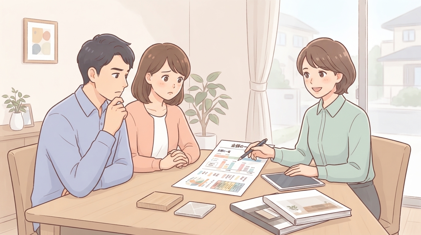 金額の資料を見せながら説明する営業担当と施主夫婦