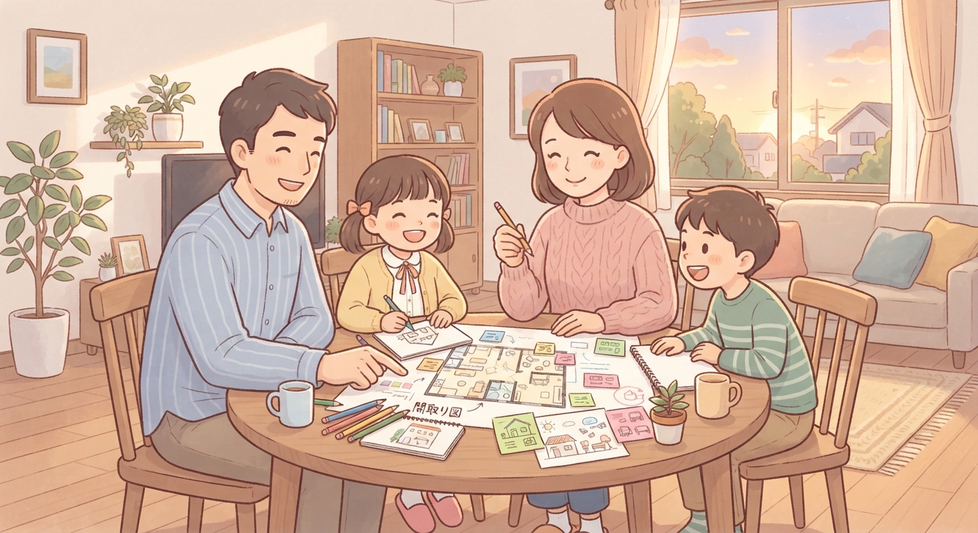 家族でテーブルを囲み、家づくりについて話し合っている様子