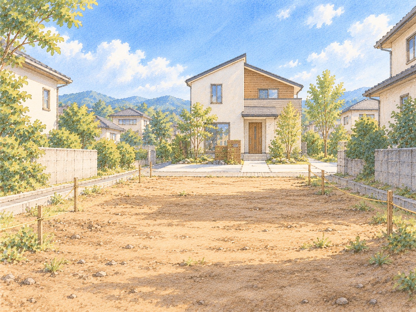完成した住宅と、そこに向かう土地探しからの道のりをイメージしたイラスト