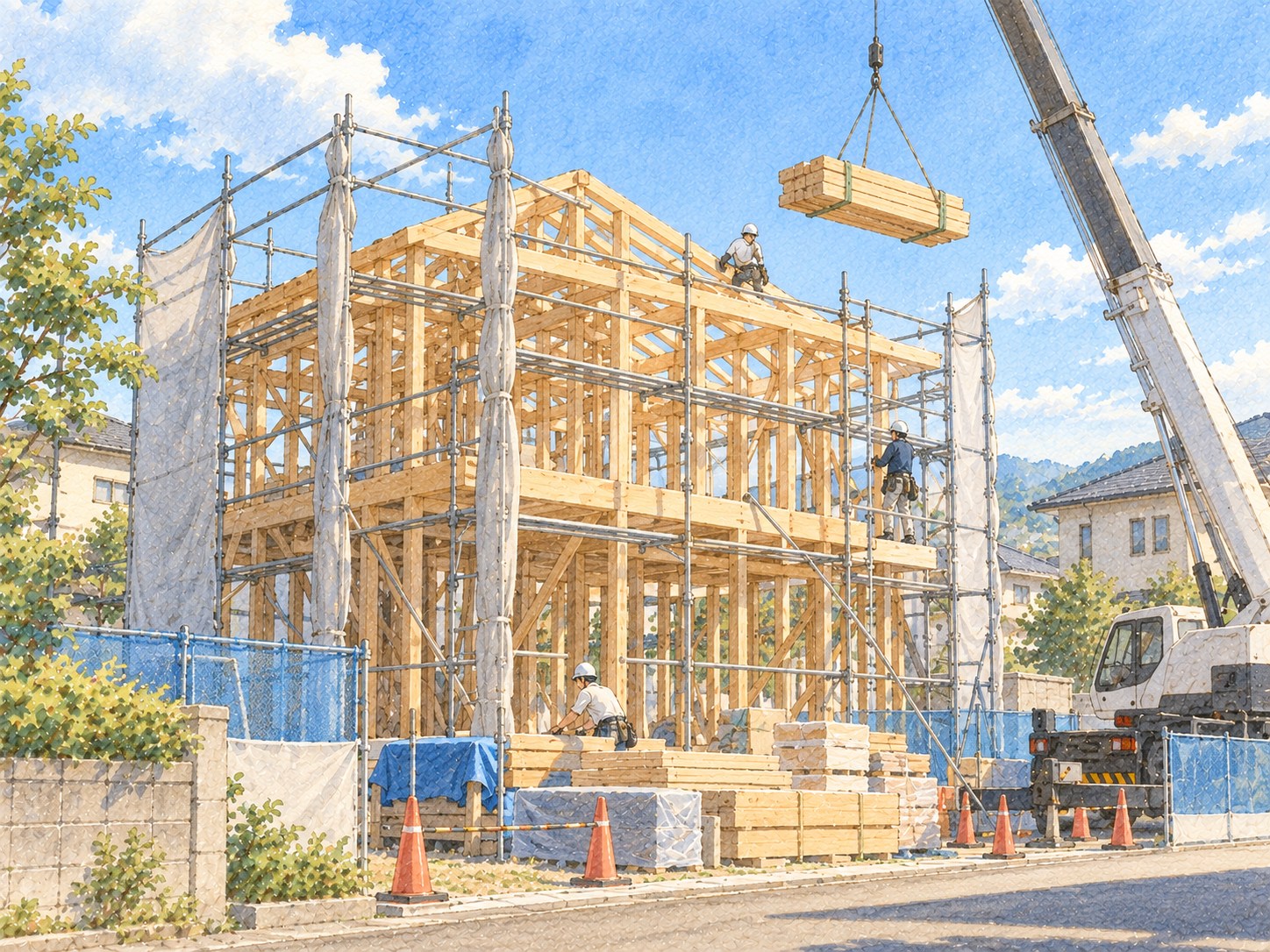 骨組みが組み上がった建方現場の様子