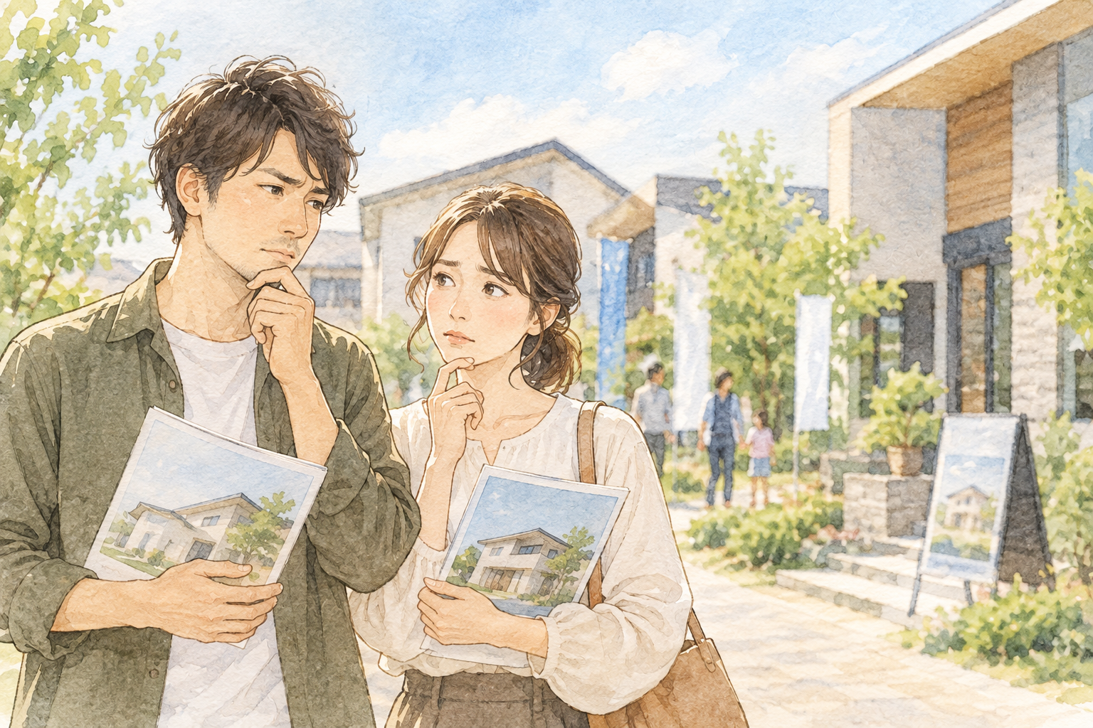 住宅展示場の前で、パンフレットを手にしながら少し悩んだ表情で立ち話をする夫婦