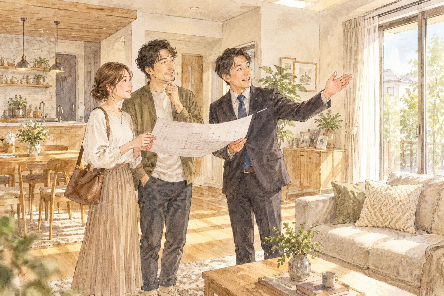 完成した住宅の中で、担当者と一緒に図面を手にチェックしている施主