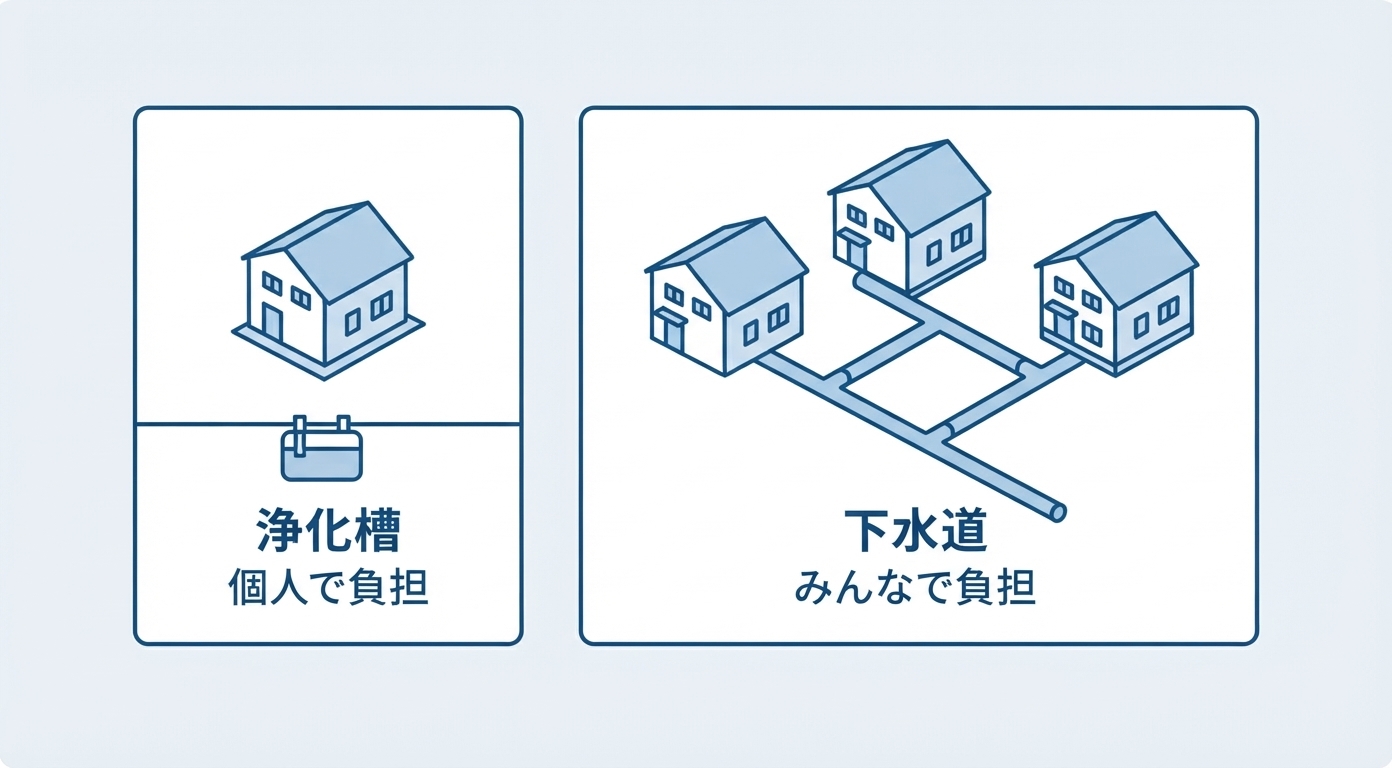 浄化槽は1軒の敷地内だけで完結する小さな仕組みで費用負担も個人、下水道は町全体に張り巡らされた大きな仕組みで費用負担もみんなであることを示す図解
