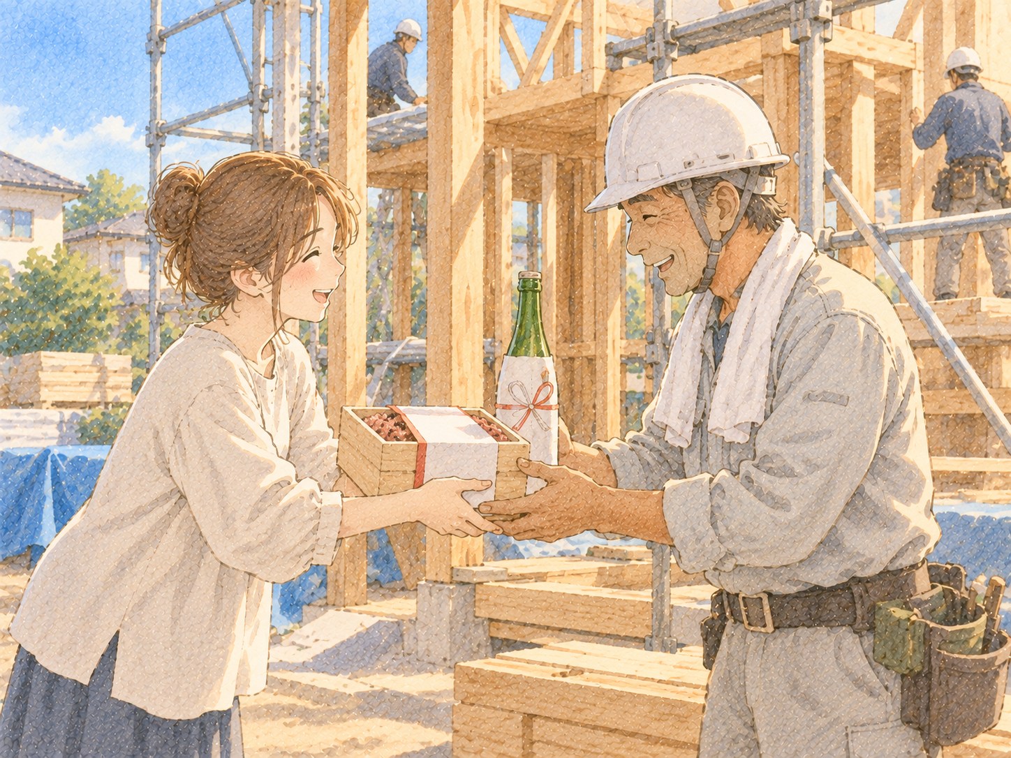 赤飯とお神酒を大工さんに手渡す施主