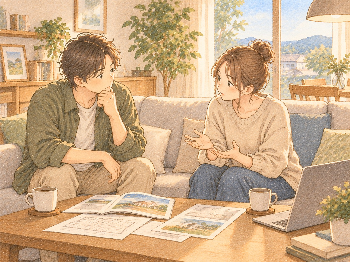 地鎮祭をするかどうか、リビングで話し合っている夫婦の様子