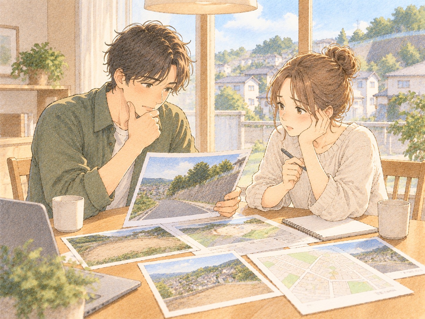 高台と坂道が描かれた土地の資料を前に悩む夫婦