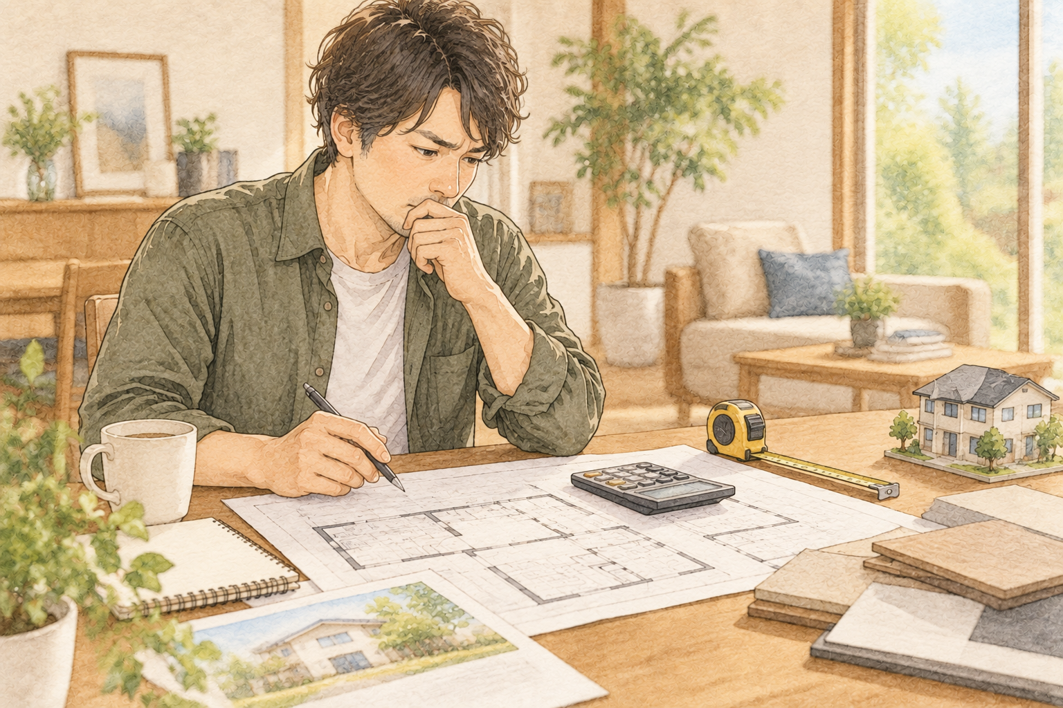 テーブルに広げた間取り図とメジャー・電卓を前に、坪単価の計算について考え込んでいる施主らしき人物