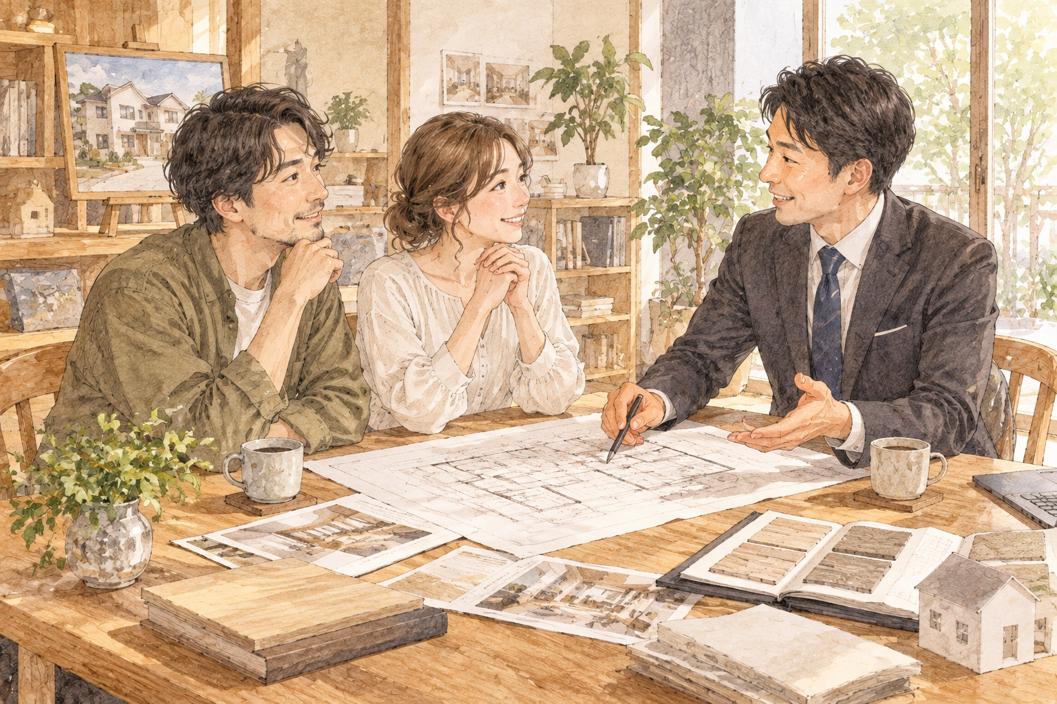 工務店の打ち合わせスペースで、夫婦と住宅営業担当の男性が机を囲んで図面を広げながら和やかに話し合っている場面