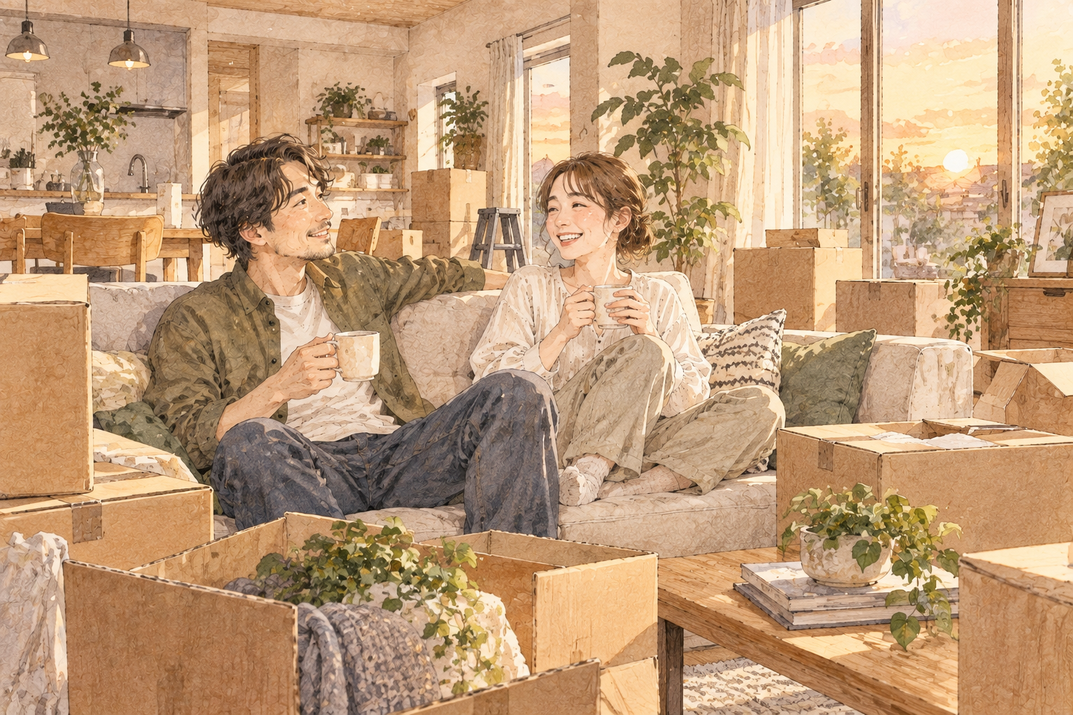 新築の家のリビングで、夫婦がソファでくつろぎながら、運び込んだ段ボールに囲まれて笑い合っている場面