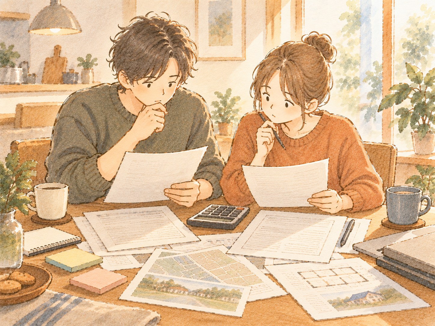 電卓と資料を前に、浄化槽と下水道の見積もりを見比べている夫婦の様子