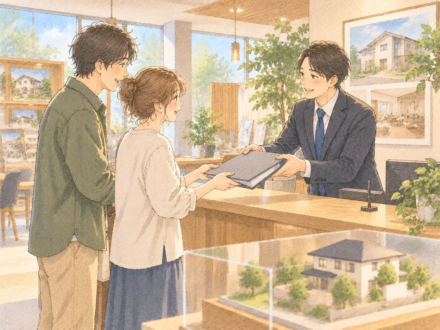 住宅会社の受付で、営業担当から見積書を受け取る施主夫婦