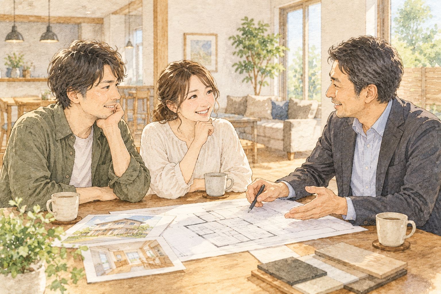 工務店の担当者と施主が、リビングで図面を挟みながら和やかに話している様子
