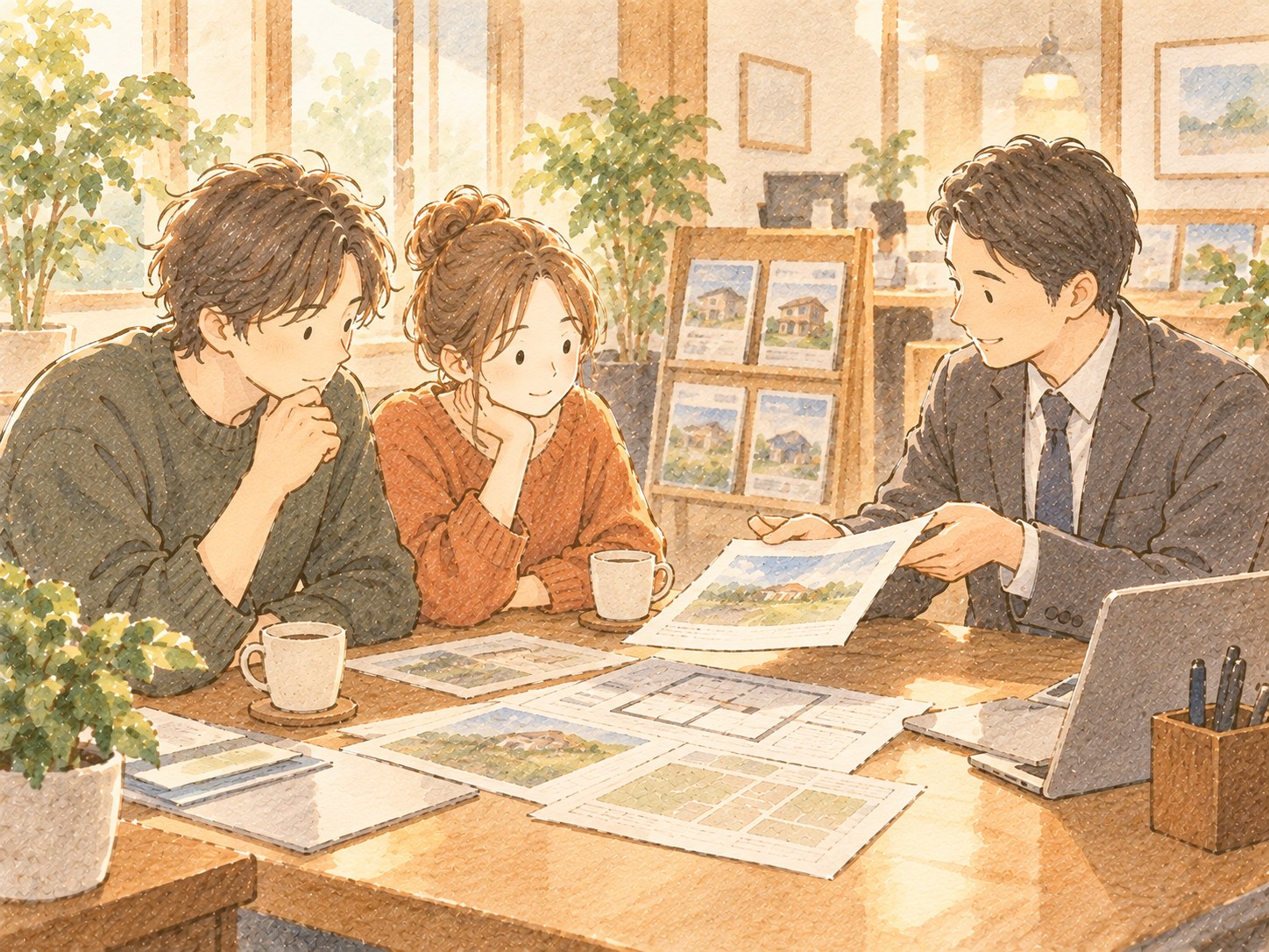 不動産会社の窓口で、担当者から資料を受け取りながら話を聞いている夫婦の様子
