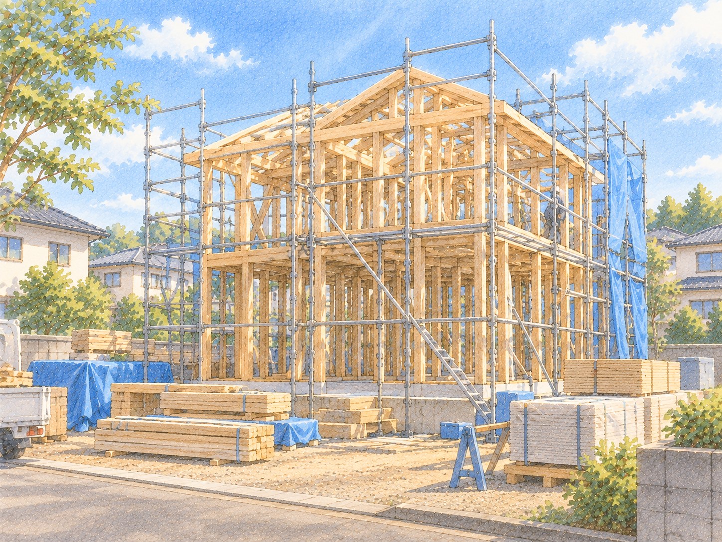 骨組みが完成した建方現場の様子