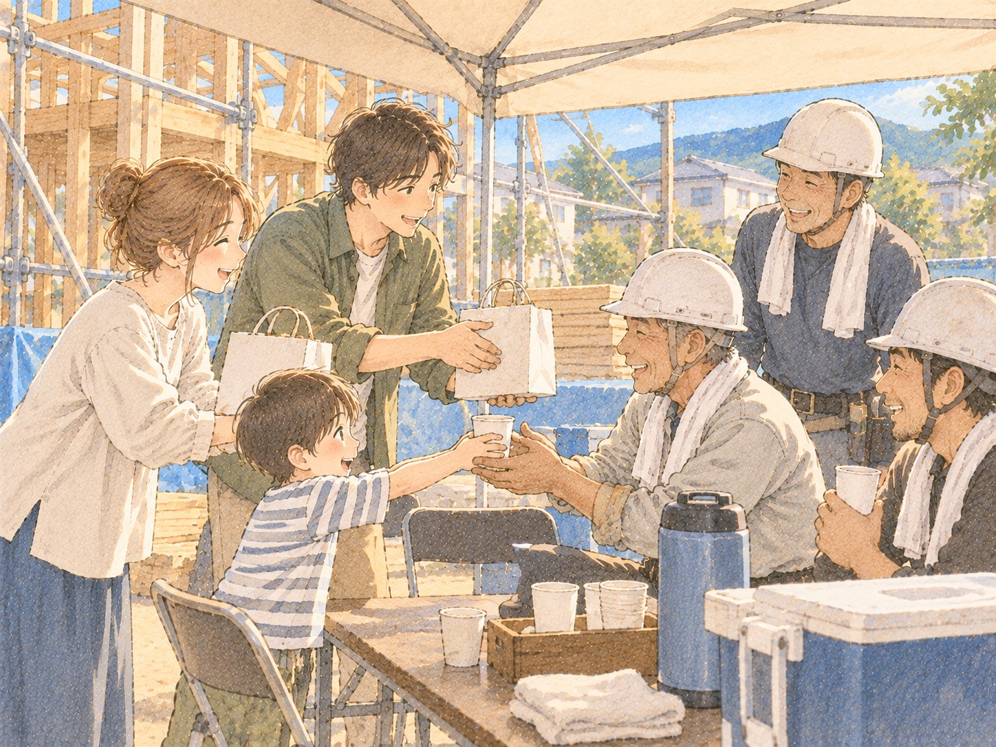 現場の休憩スペースで家族が大工さんに差し入れを渡す様子