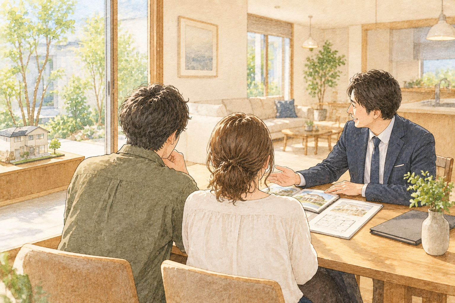 モデルハウスのような場所で、営業担当者と実際に向き合って話している夫婦の後ろ姿