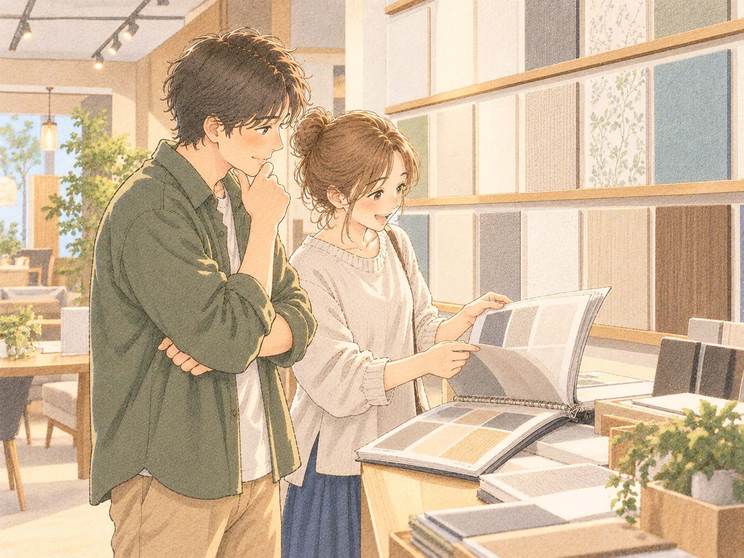 ショールームでクロスのサンプルを選ぶ夫婦