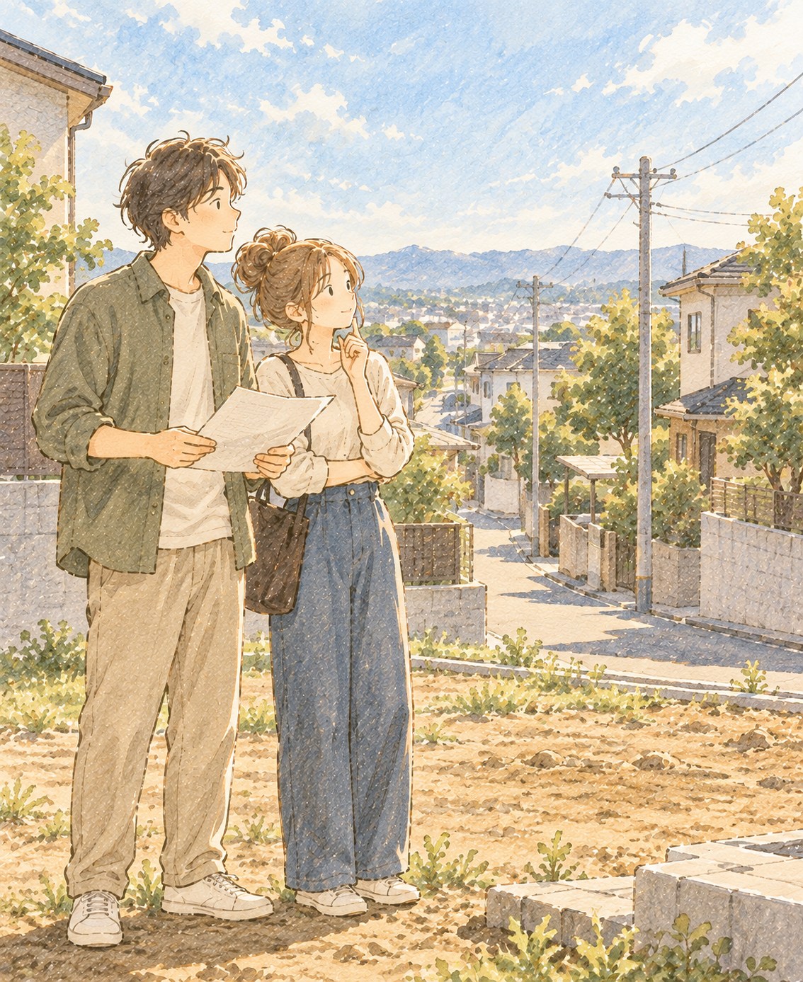 候補の土地に立って、周辺の街並みを見回している夫婦の様子