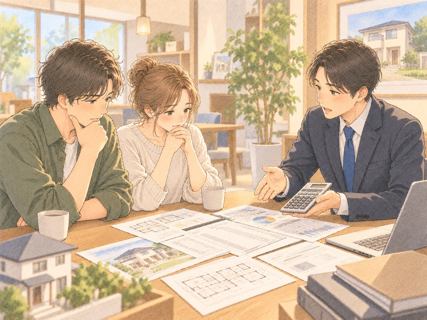 金額の資料を見せながら説明する営業担当と施主夫婦