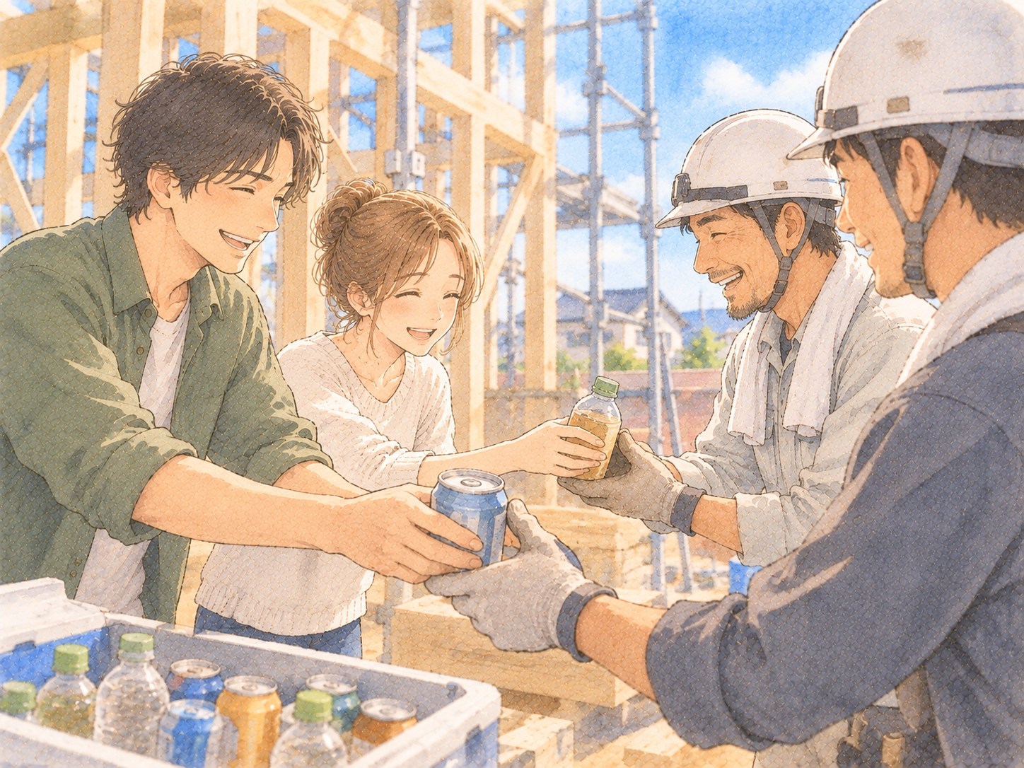 施主夫婦が現場で、大工さんに飲み物の差し入れを渡している様子