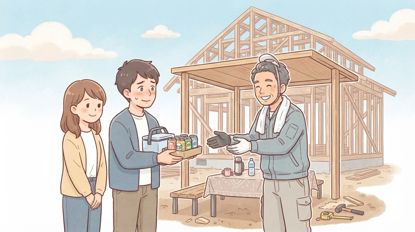 施主が現場の休憩スペースで、大工さんに飲み物の差し入れを渡している様子