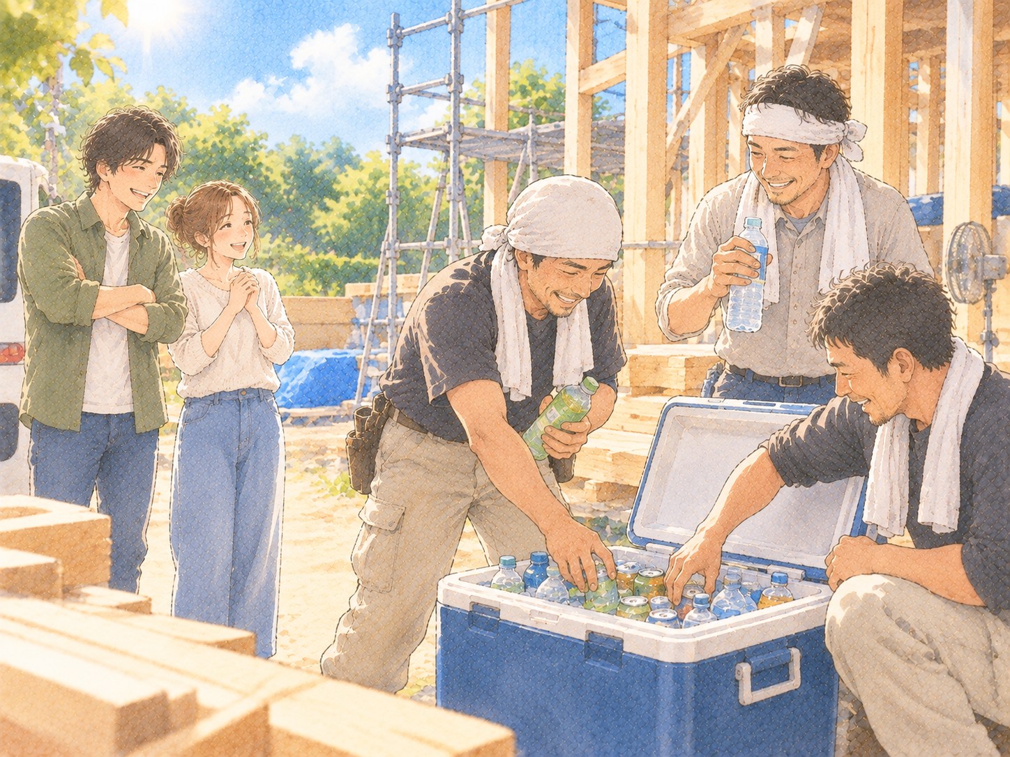 夏の現場で、大工さんたちがクーラーボックスから冷たい飲み物を受け取っている様子