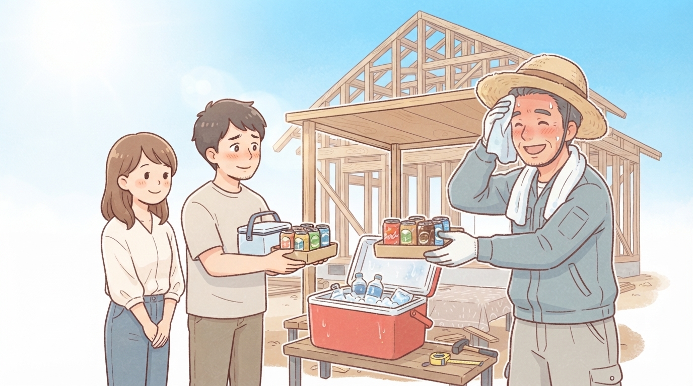 夏の現場で、大工さんがクーラーボックスの横で差し入れの冷たい飲み物を受け取っている様子