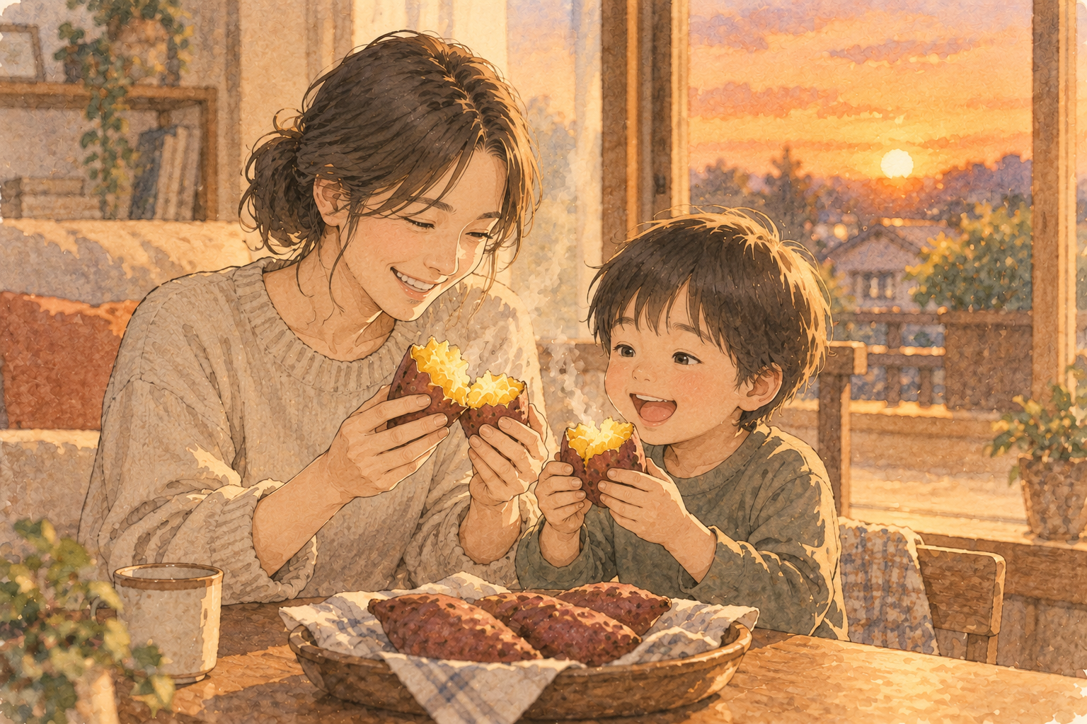 秋の夕暮れ、母親と子どもが焼き芋を一緒に割って湯気を嬉しそうに眺めている様子