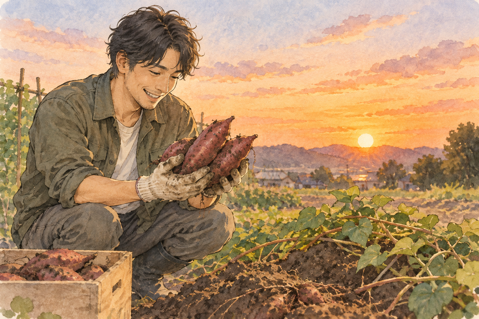 夕暮れの畑で、掘りたてのさつまいもを手にして眺めている男性