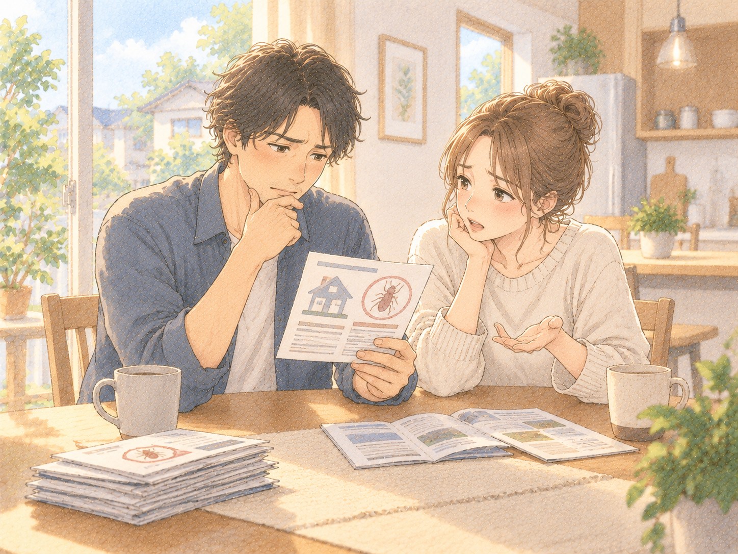 シロアリ予防の案内はがきを手に、考え込む夫婦の様子